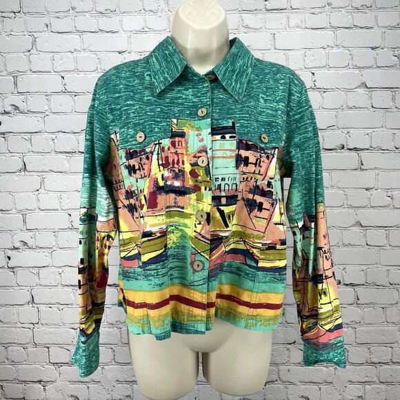 Jane Ashley Tops - Jane Ashley Green 100% Cotton Sailboat Print Button Up Long Sleeve Size Medium M